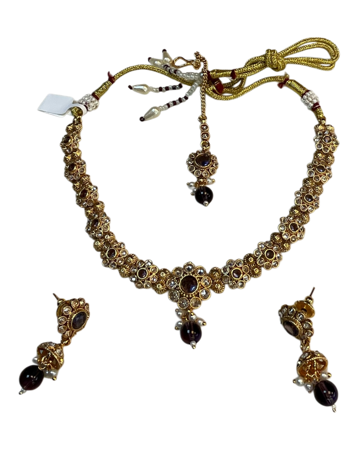 Purple - Medium Size Gold Finish Necklace Set with Earrings & Head Piece - SLV90 04Cp26