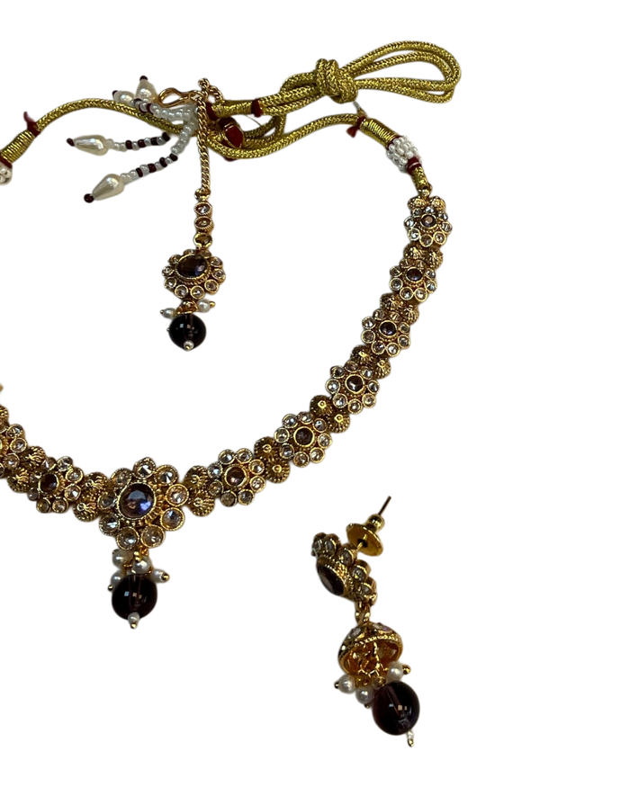 Purple - Medium Size Gold Finish Necklace Set with Earrings & Head Piece - SLV90 04Cp26