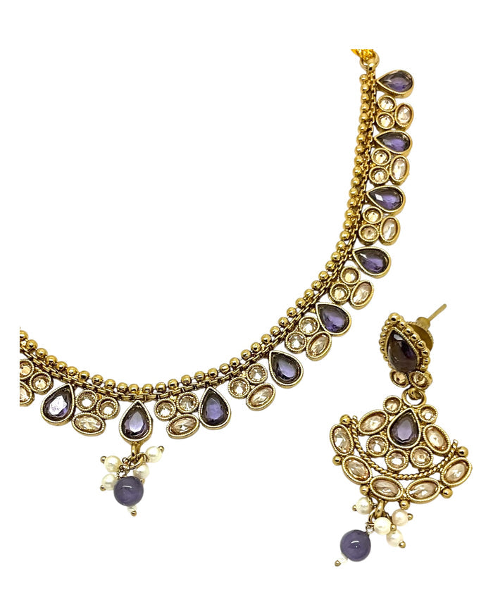Purple - Small Size Antique Gold Finish Necklace Set with Earrings - Bollywood - AE2518 08A25
