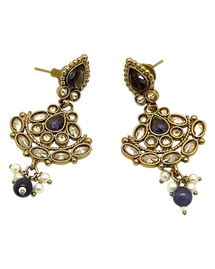 Purple - Small Size Antique Gold Finish Necklace Set with Earrings - Bollywood - AE2518 08A25