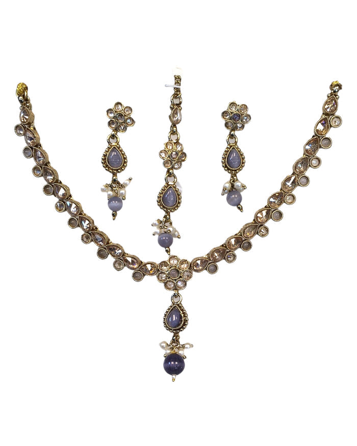 Purple - Small Size Antique Gold Finish Necklace Set with Earrings & Head Piece /Tika- SLV78  11Ap24