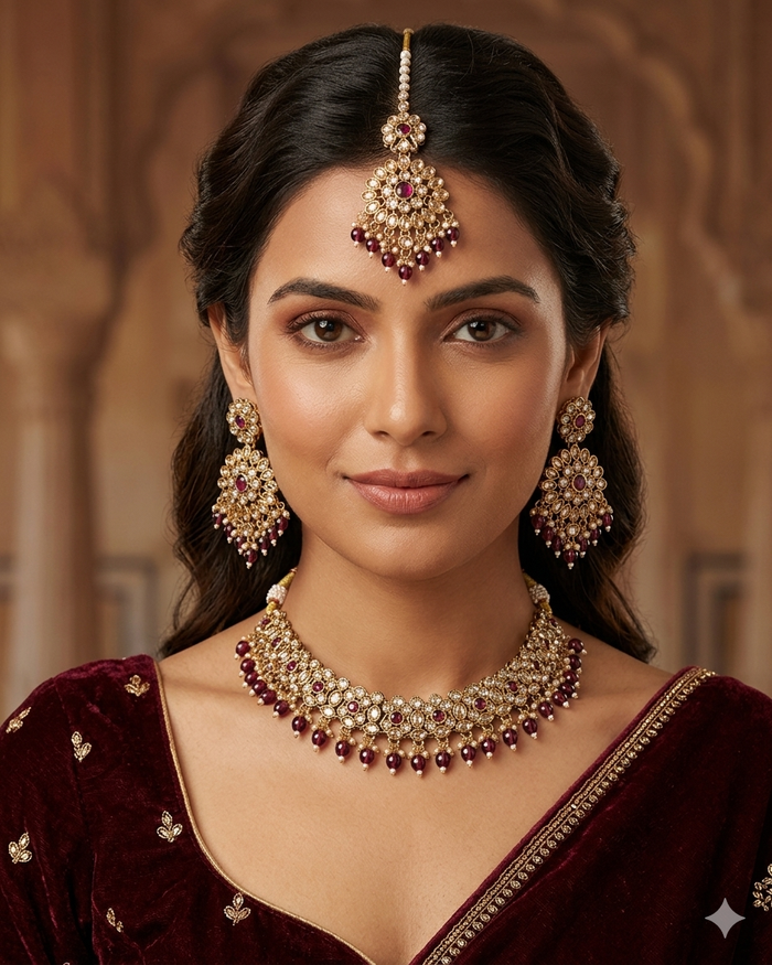 Purple / Plum - Large Size Antique Gold Finish Necklace Set with Earrings & Head Piece - JIG111 04Cp26