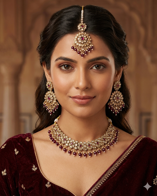 Purple / Plum - Large Size Antique Gold Finish Necklace Set with Earrings & Head Piece - JIG111 04Cp26
