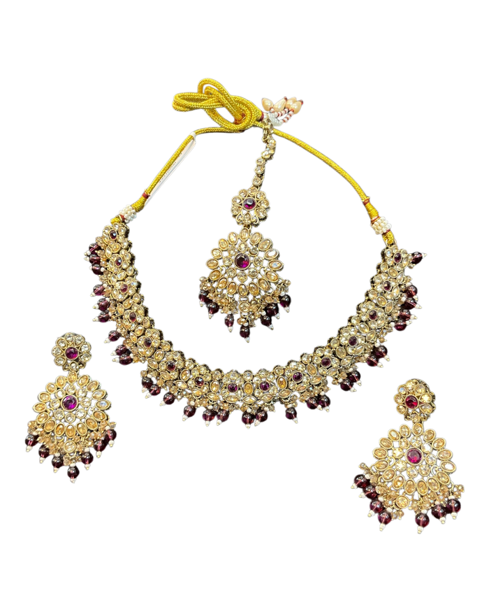 Purple / Plum - Large Size Antique Gold Finish Necklace Set with Earrings & Head Piece - JIG111 04Cp26