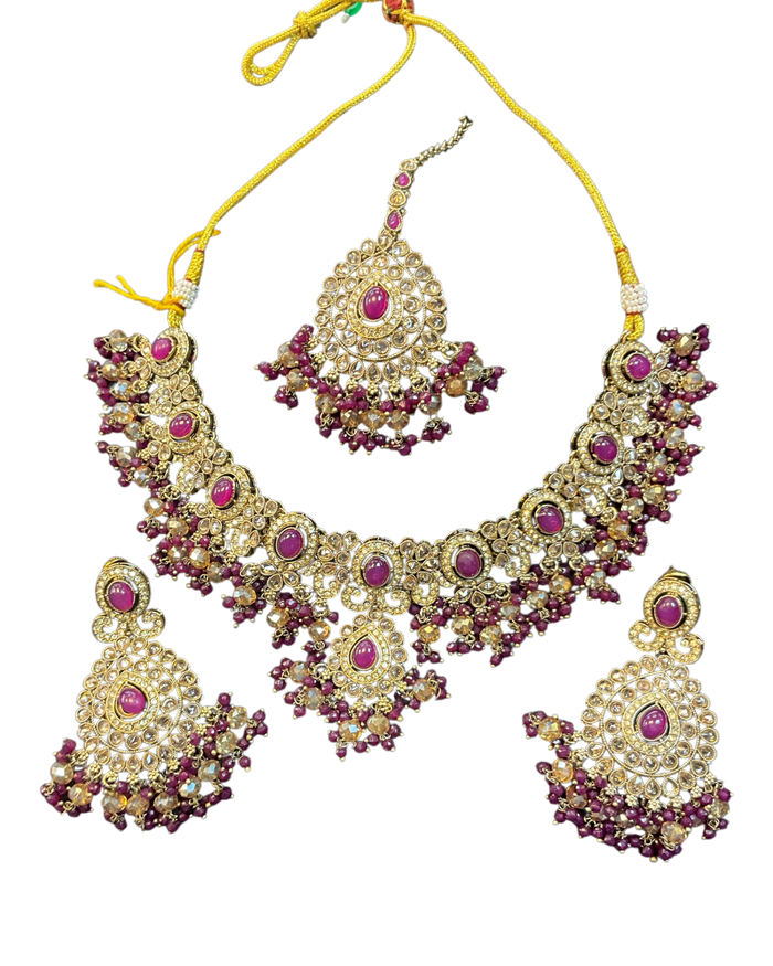 Purple / Wine - Large - Antique Gold Finish Necklace Set with Earrings & Head Piece - AE2512 08KV25