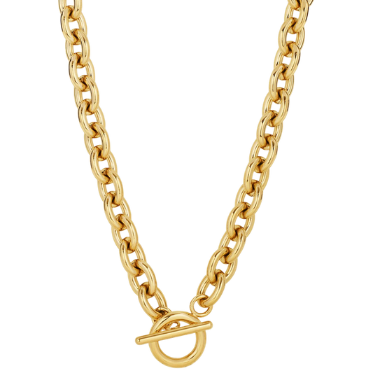 Gold chain necklace with a clasp on a white background