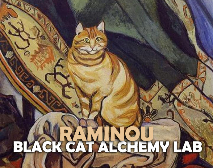 Cat in regal attire with decorative background, featuring 'Raminou Black Cat Alchemy Lab' text.