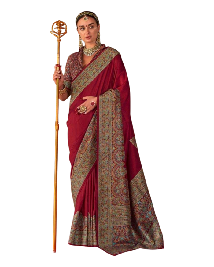 Red - Traditional Block Printed Dupion Silky Saree with Blouse Piece - UK Stock - 2/3 days Delivery  12KC25 K914