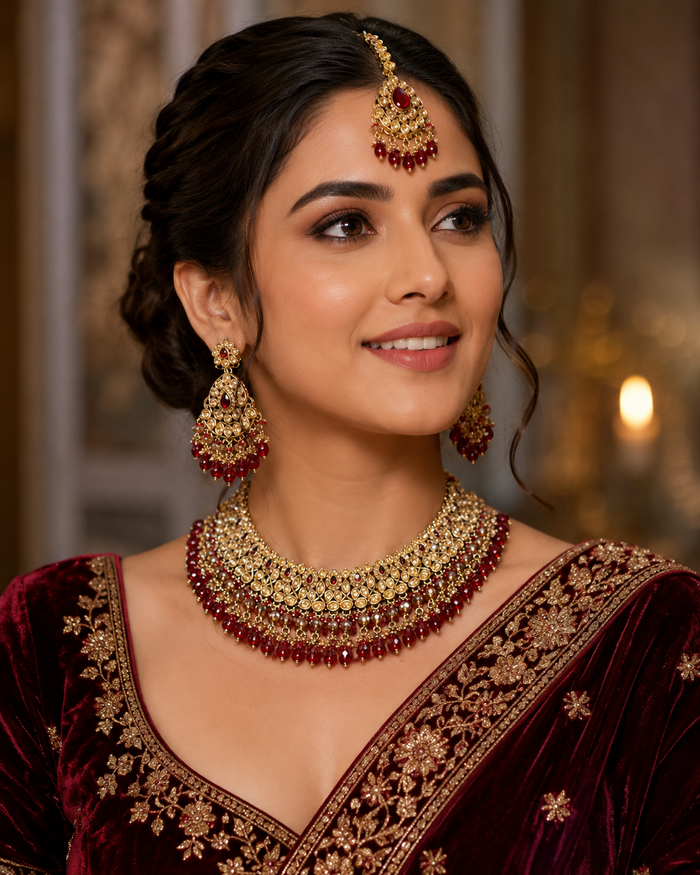 Red / Maroon - Large Size Antique Gold Finish Necklace Set with Earrings & Head Piece - JIG82 04KV26