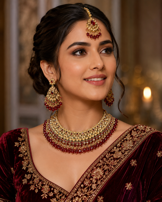 Red / Maroon - Large Size Antique Gold Finish Necklace Set with Earrings & Head Piece - JIG82 04KV26