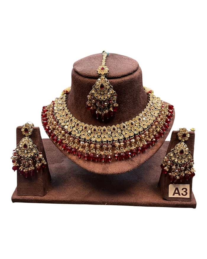 Red / Maroon - Large Size Antique Gold Finish Necklace Set with Earrings & Head Piece - JIG82 04KV26