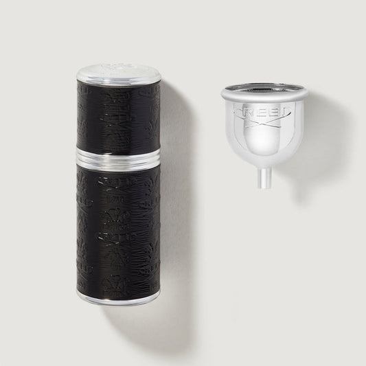 Creed 50ml black embossed atomizer with silver trim and refill funnel - Front View | Creed Boutique