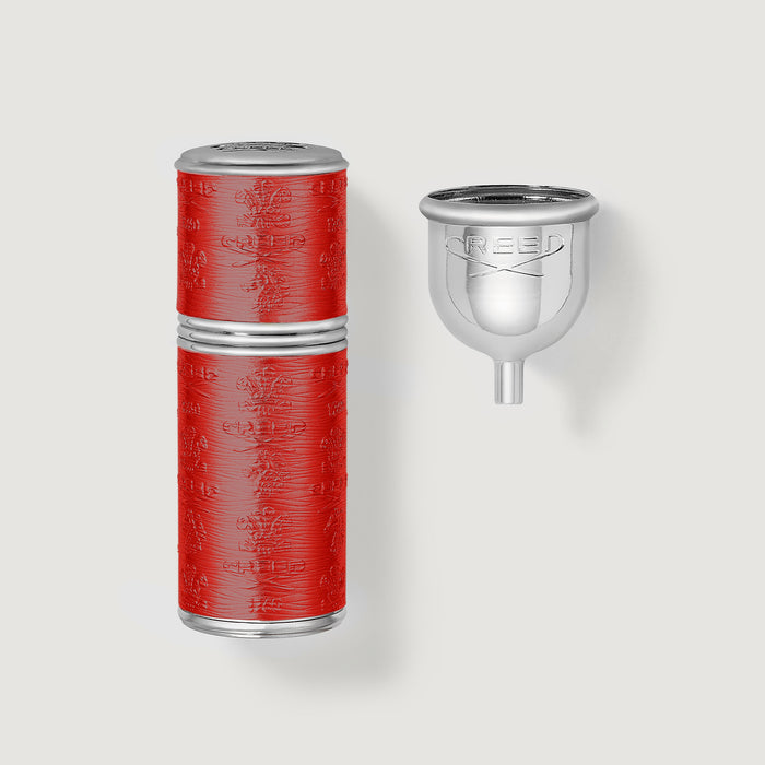 Red & Silver Embossed 50ml Travel Perfume Atomizer with Refill Funnel - Flat Lay | Creed Boutique