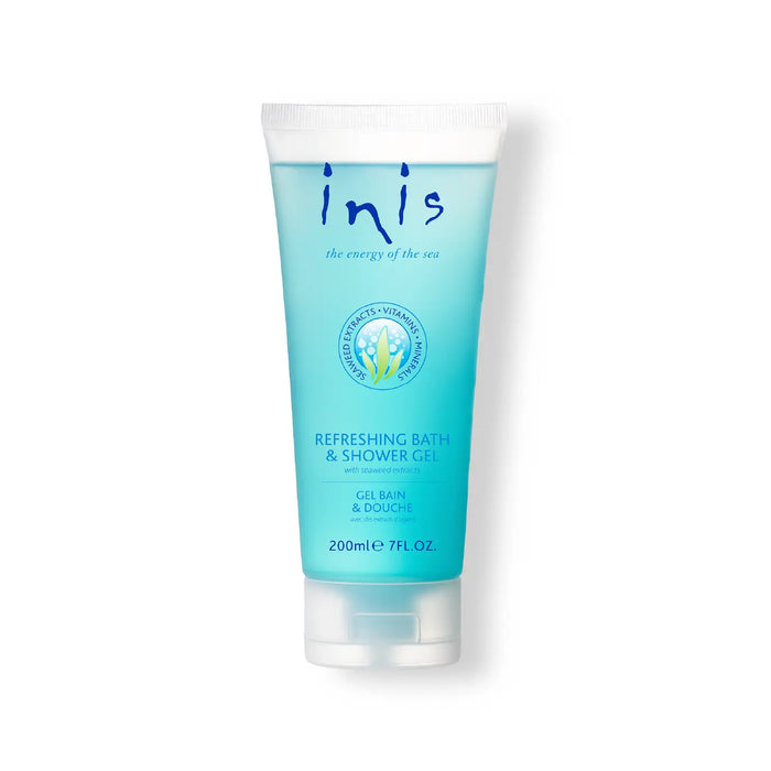 Tube of inis refreshing bath and shower gel on a white background