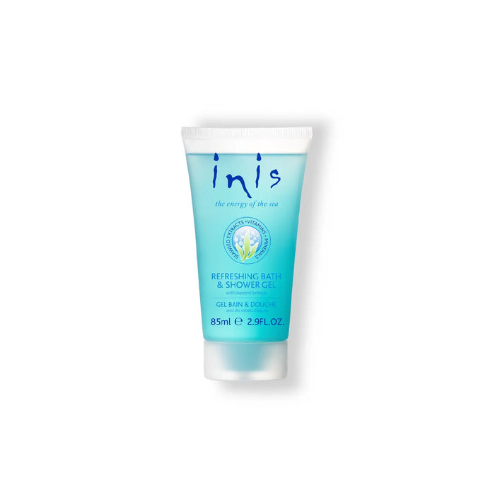 Tube of Inis refreshing bath and shower gel on a white background