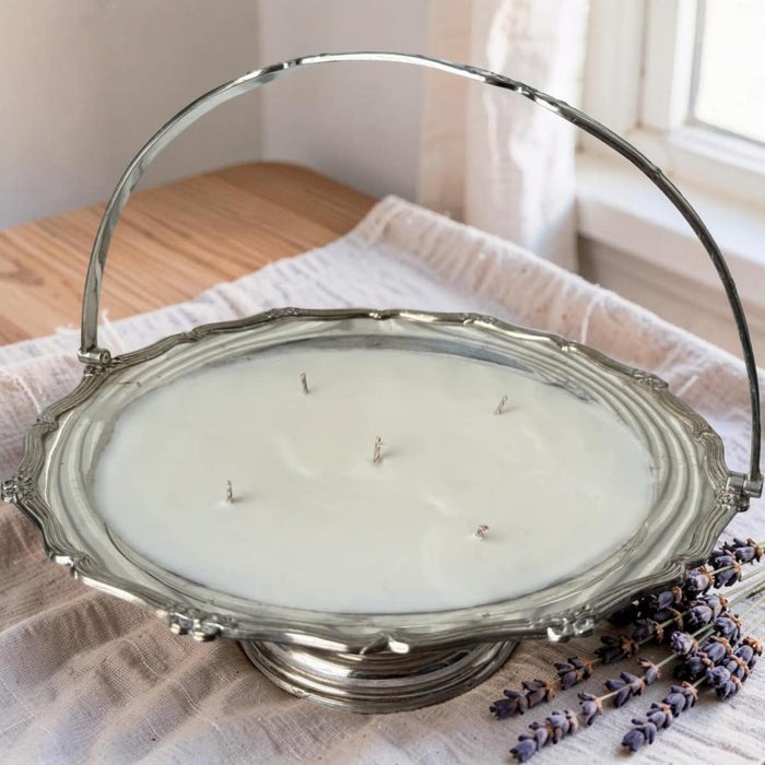 Repurposed Silver Cake Basket Candle - Lavender