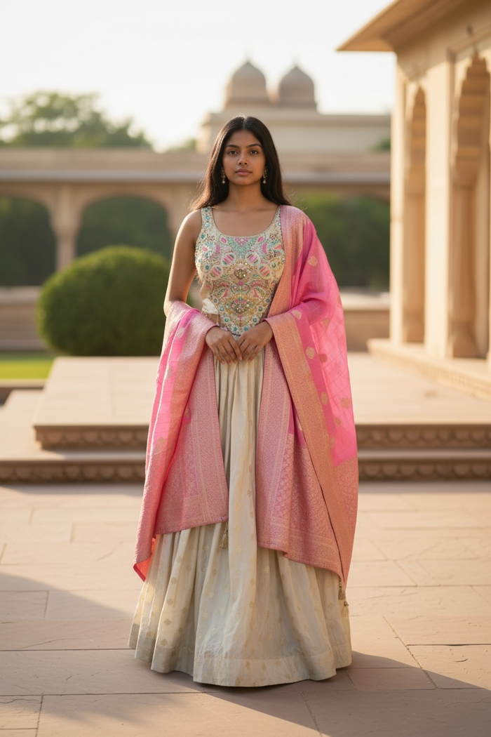 SALE ! Size 14 / 40" Bust - Cream - Ready Made Lehenga Set - UK Stock - 24h Dispatch - KTC2501 57 TV