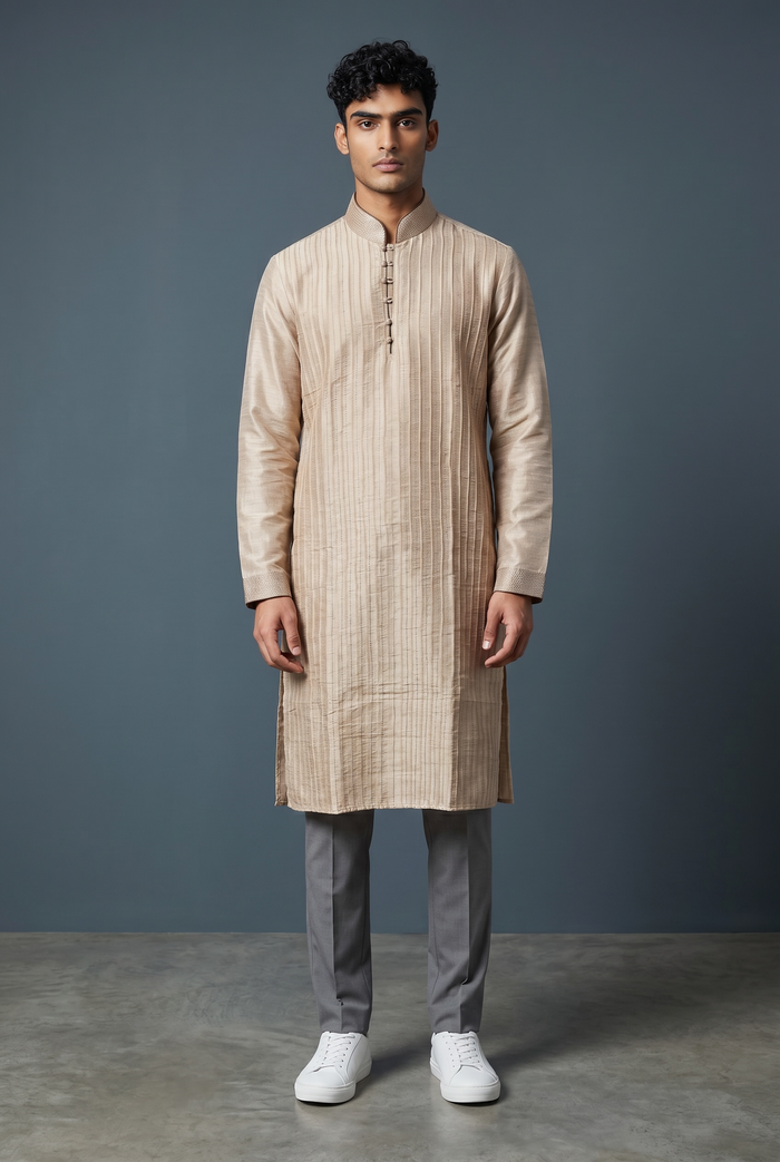 SALE! Size 34" XS - Light Brown - Mens Silky Kurta Top with Draw stringed Trousers , Full Length - SALE2603