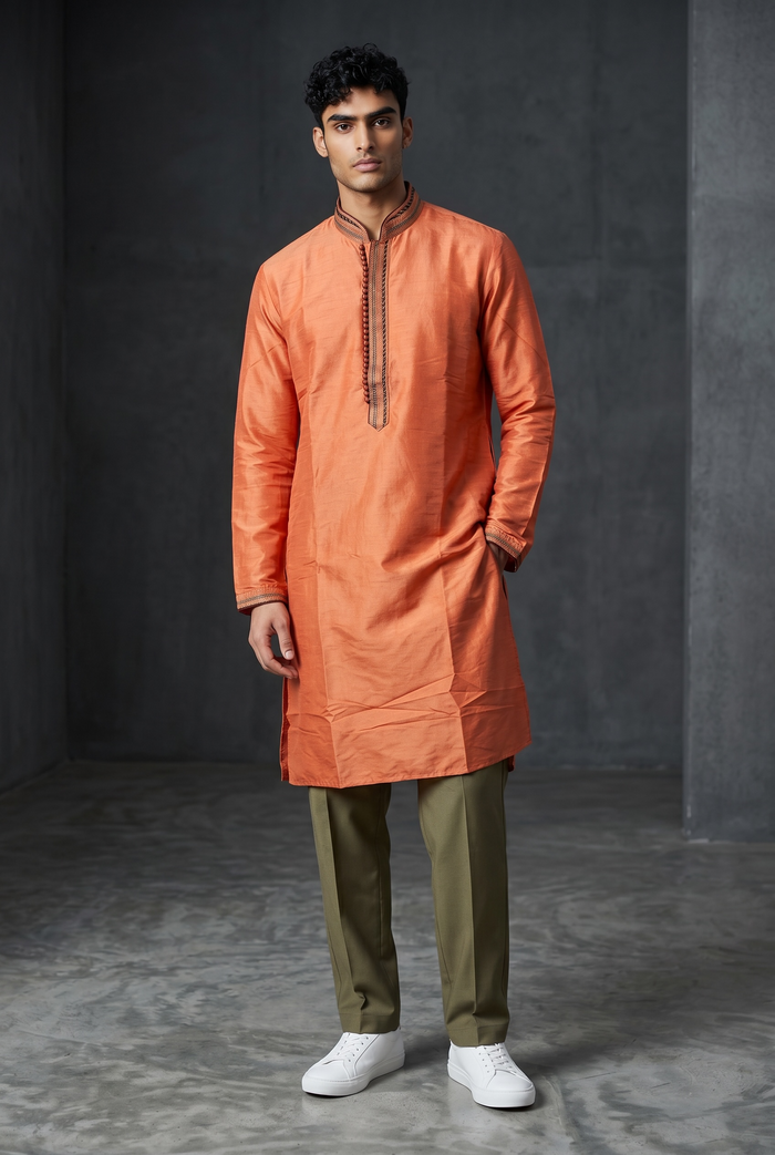 SALE! Size 36" / Small - Peach - Mens Cotton Silky Kurta with Elasticated Trousers , Full Length - SALE2605