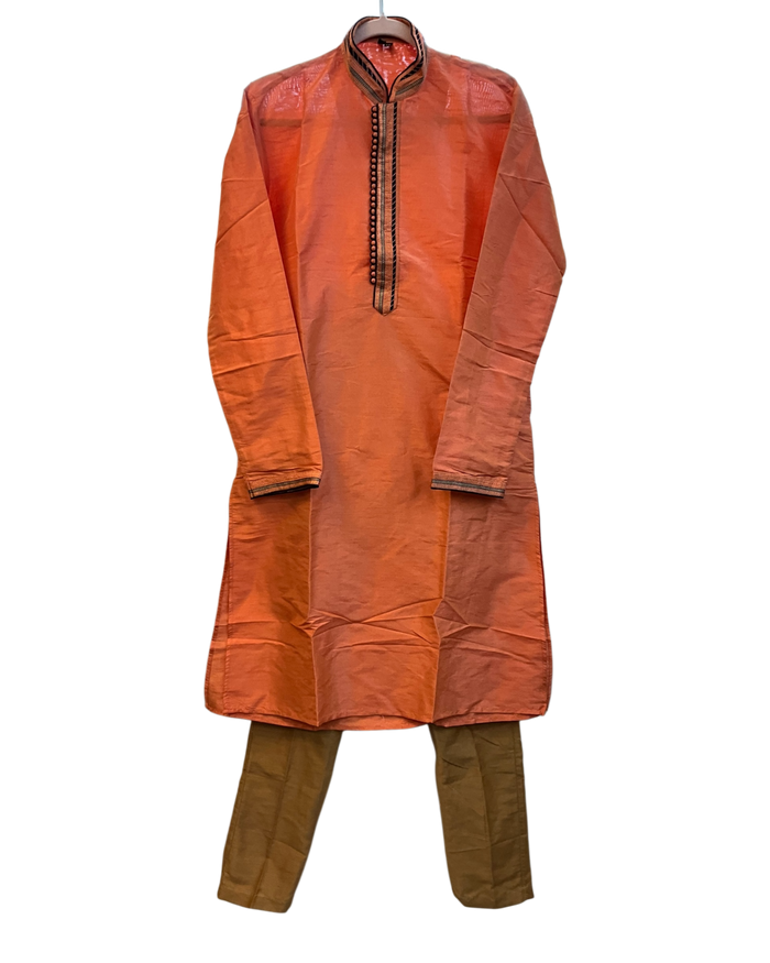 SALE! Size 36" / Small - Peach - Mens Cotton Silky Kurta with Elasticated Trousers , Full Length - SALE2605