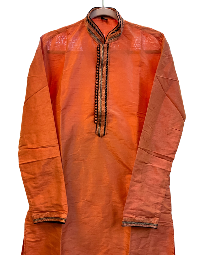 SALE! Size 36" / Small - Peach - Mens Cotton Silky Kurta with Elasticated Trousers , Full Length - SALE2605