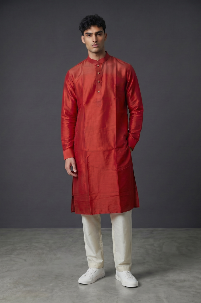 SALE! Size 42" - Red - Mens Plain Silky Kurta Top only, Knee Length - SALE2602