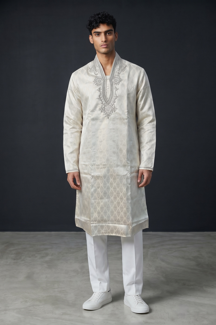 SALE! Size 42" - White - Mens Brocade Kurta Top only, Knee Length - SALE2607