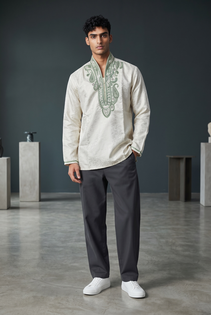 SALE! Size 42" - White - Mens Brocade Kurta Top with Light Green Bead and Stone Embroidery - SALE2601
