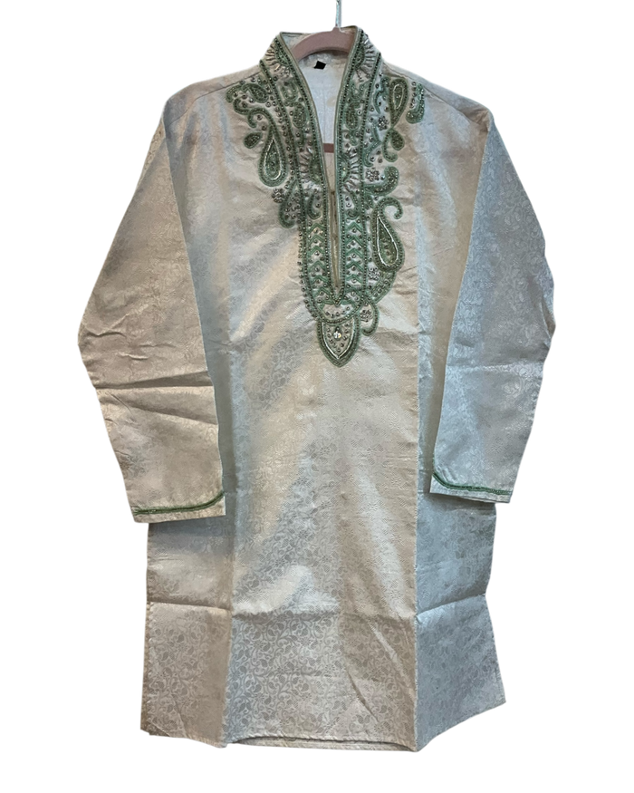 SALE! Size 42" - White - Mens Brocade Kurta Top with Light Green Bead and Stone Embroidery - SALE2601