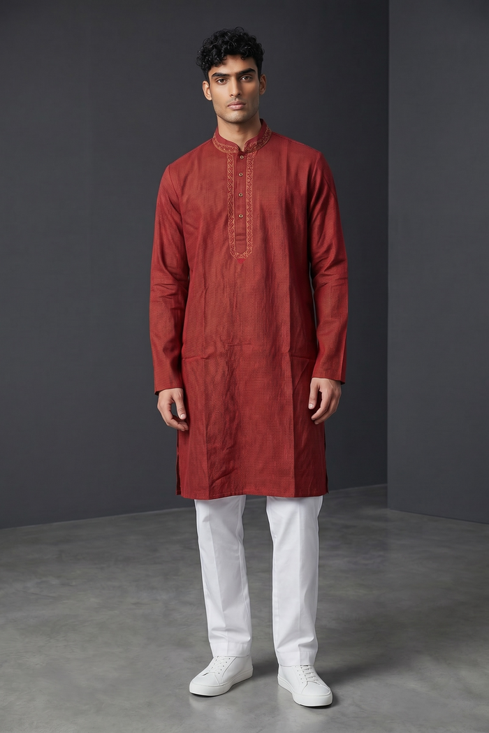 SALE! Size 42" L - Red - Mens Cotton Based Kurta with Draw stringed Trousers , Full Length - SALE2604