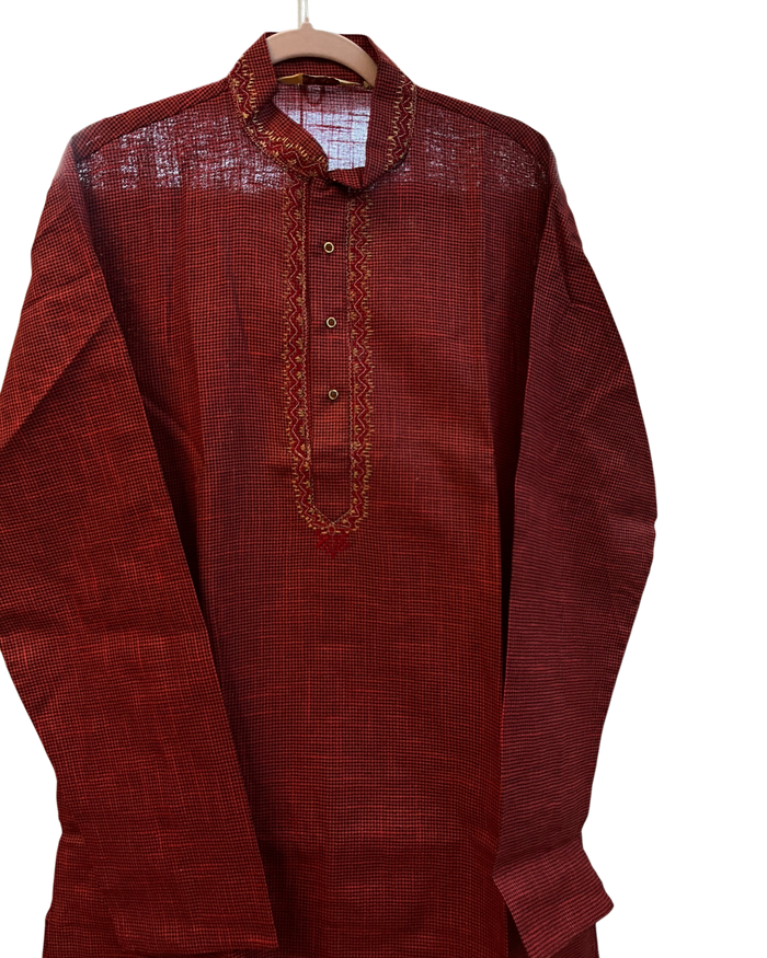 SALE! Size 42" L - Red - Mens Cotton Based Kurta with Draw stringed Trousers , Full Length - SALE2604