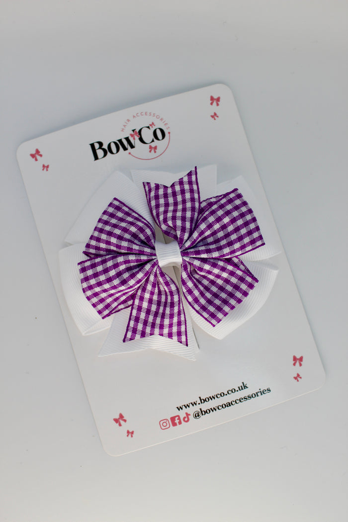 School Purple and White Gingham Pinwheel Bow Clip