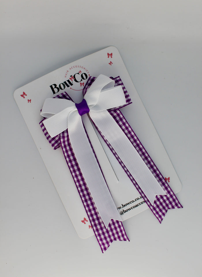 School Purple and White Gingham Tail Bow Clip