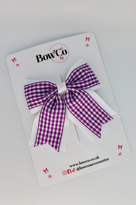 School Purple and White Gingham Tail Bow Clip