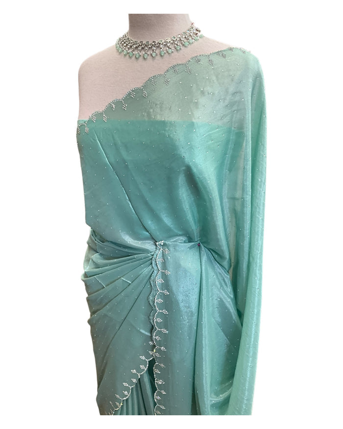 Sea Green - Crepe Chiffon  - Diamante Border Saree with Blouse Piece - DAZ56003 VY 0425