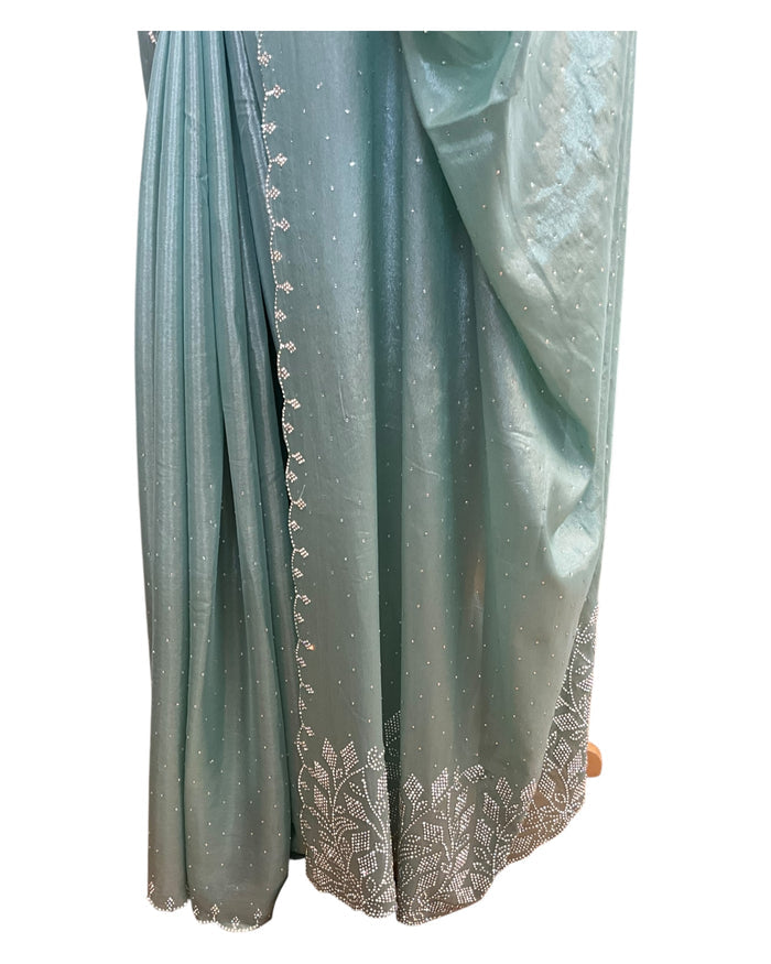 Sea Green - Crepe Chiffon  - Diamante Border Saree with Blouse Piece - DAZ56003 VY 0425