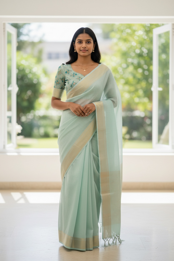 Sea Green - Fancy Cotton Silky Saree with Brocade Blouse Piece - UK Stock - 2/3 days Delivery  12KP25 RT411001