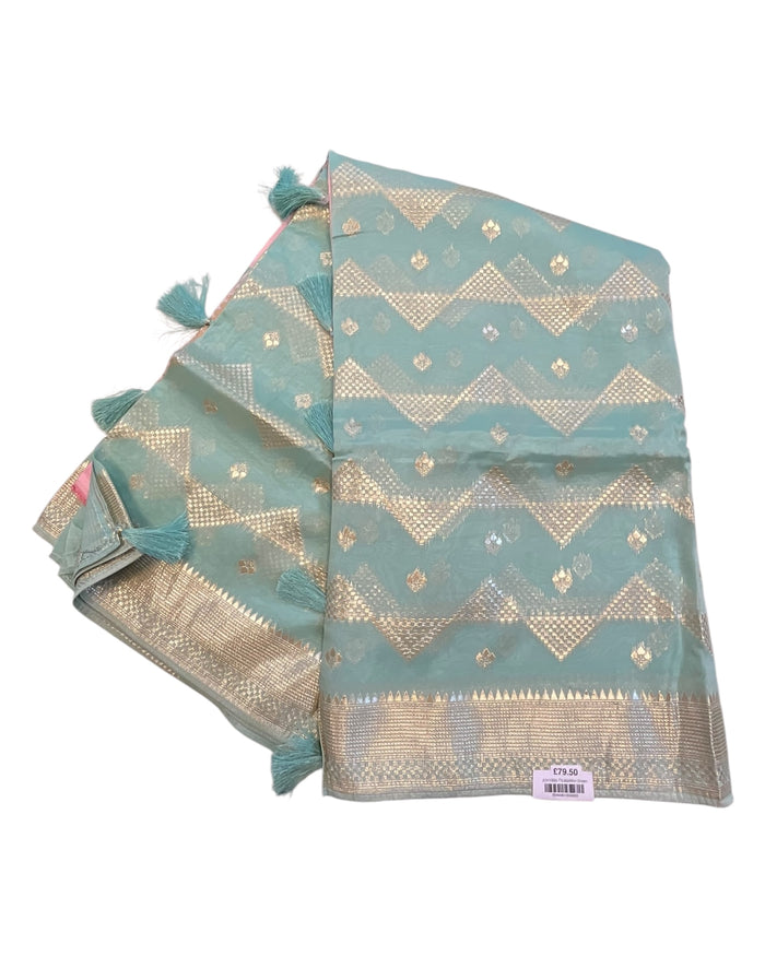 Sea Green - Handloom  - Chiffon Banarasi Saree with Blouse Piece - JOH1605 10TK25