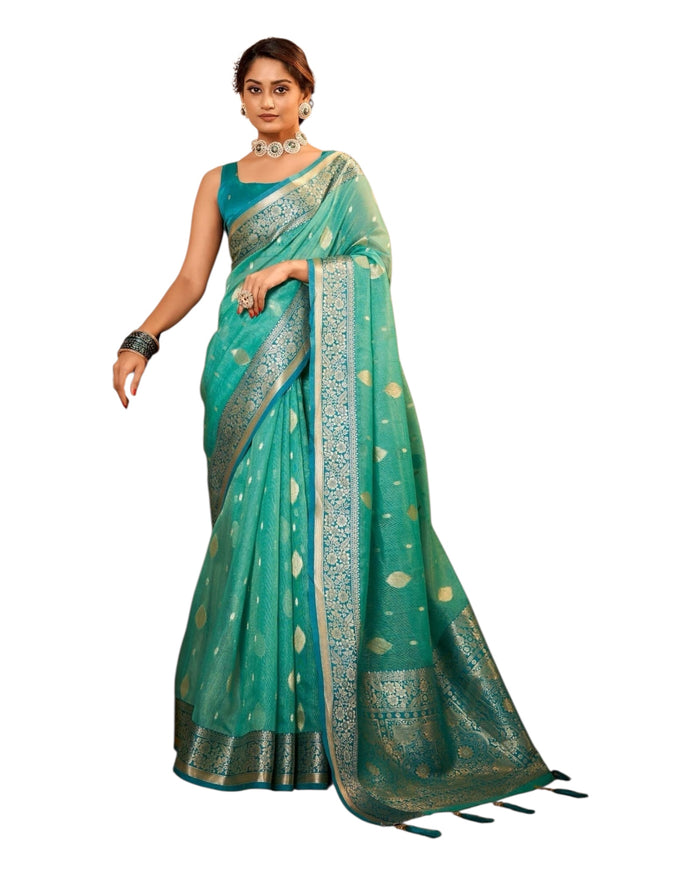 Sea Green - Handloom  - Cotton Silky Banarasi Saree with Blouse Piece - RP84002 10KP25