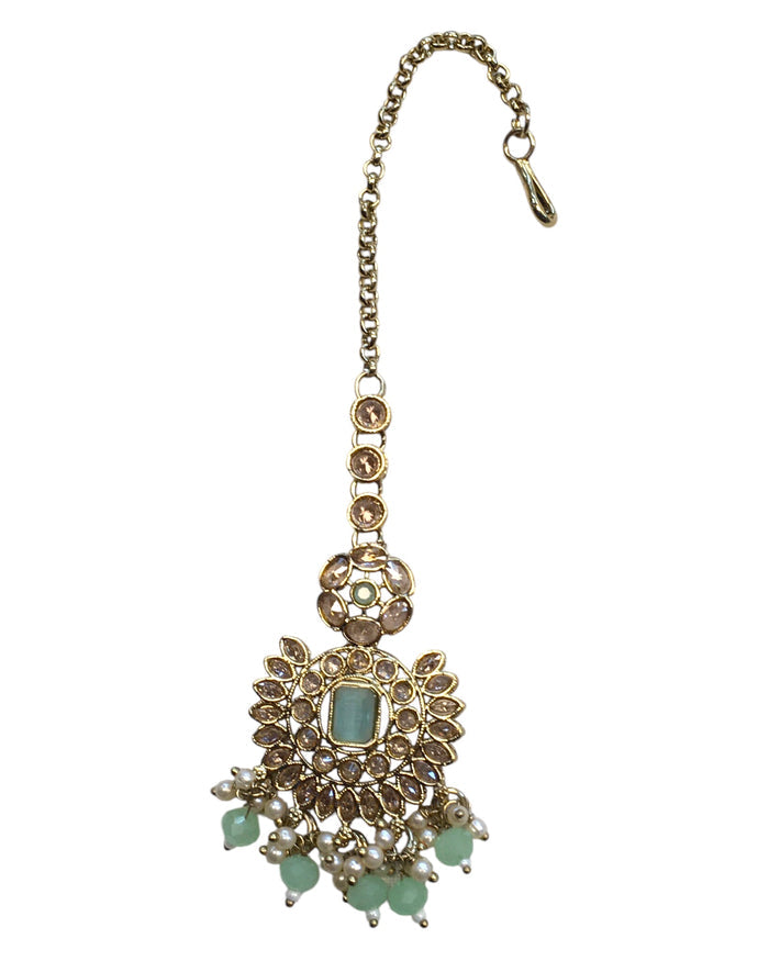 Sea Green - Large - Antique Gold Finish Traditional Tika Head piece - Bollywood - Weddings - PRI1773  11V24