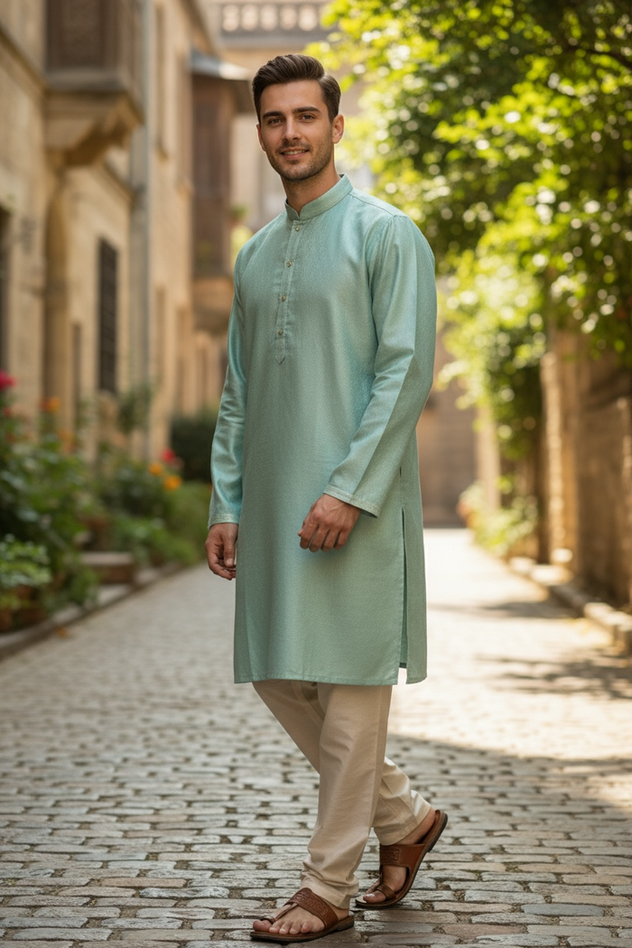 Sea Green - Silky Mens Indian Kurta set - UK Stock - Ideal to Pair with a Waistcoat - VEE2483 KH