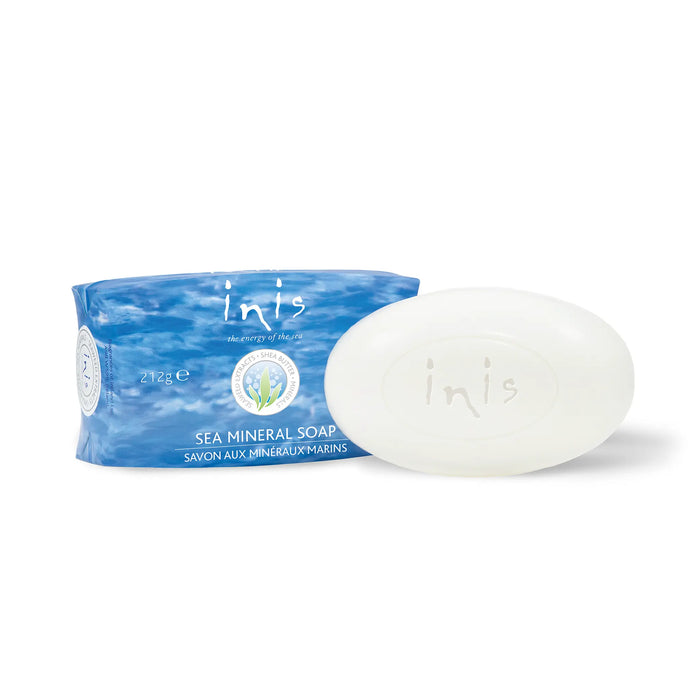 Sea mineral soap with packaging labeled 'inis' on a white background