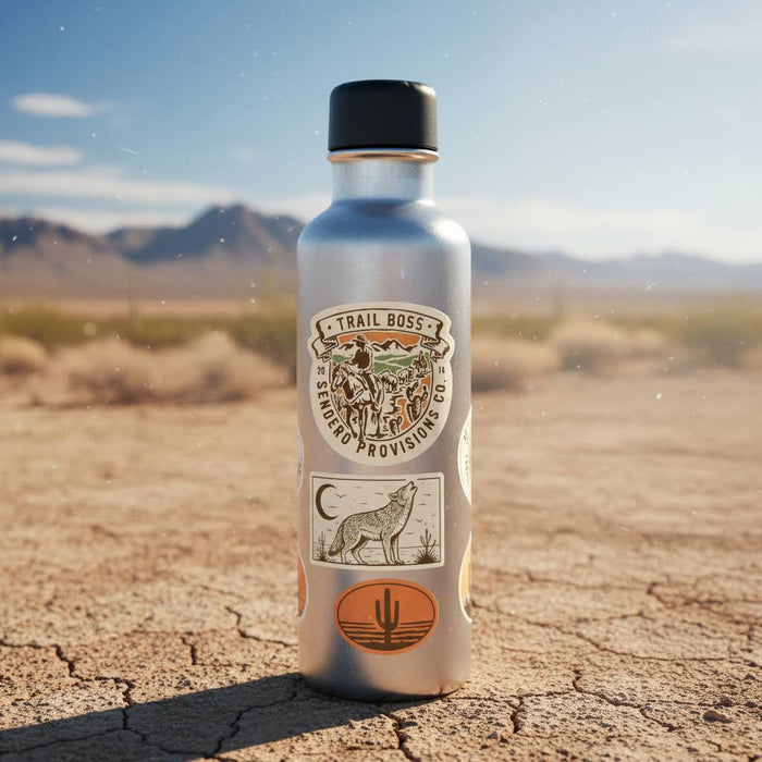 Sendero Trail Boss sticker on silver water bottle in desert with mountain view, perfect hiking and adventure accessory.