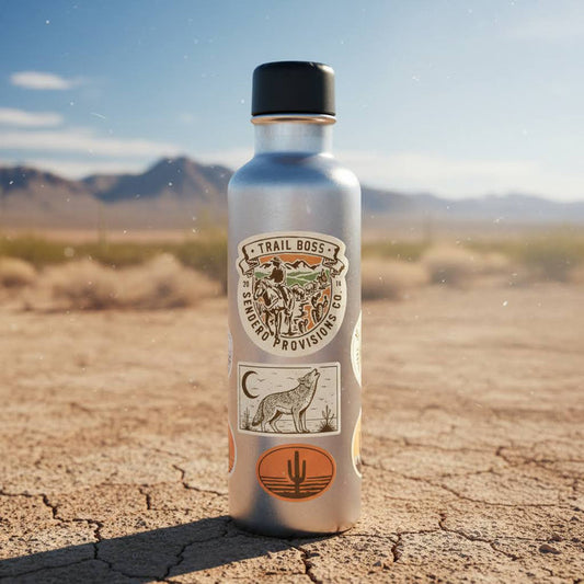 Sendero Trail Boss sticker on silver water bottle in desert with mountain view, perfect hiking and adventure accessory.