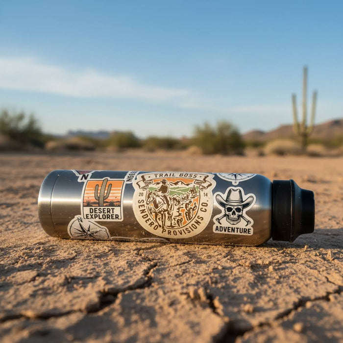 Sendero Provisions Trail Boss Sticker on a water bottle in desert with cracked ground and cacti; outdoor adventure gear.