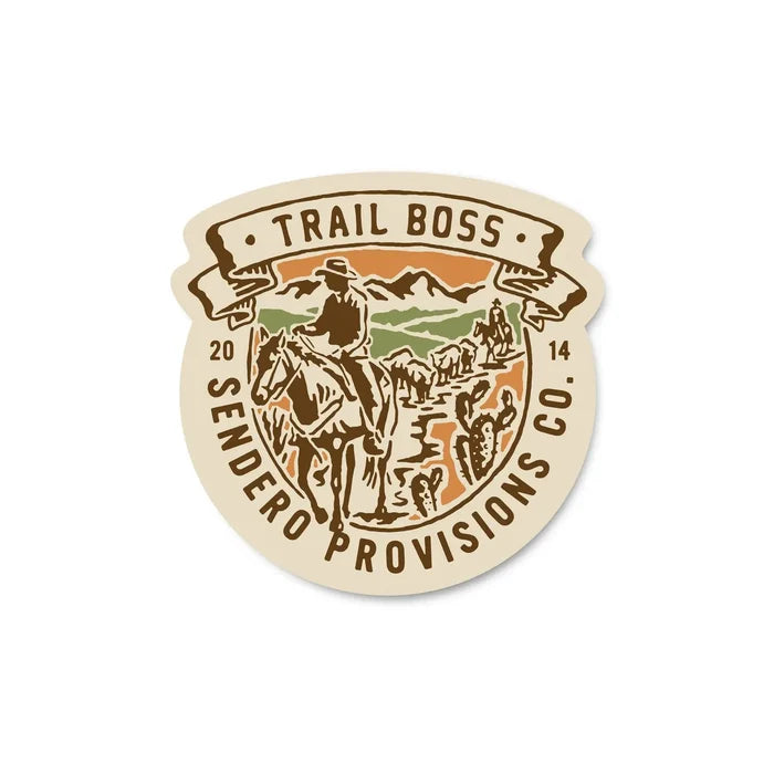 Sendero Provisions Trail Boss Sticker showcases Western cowboy style; perfect for outdoor lovers & adventure gear. By Sendero.