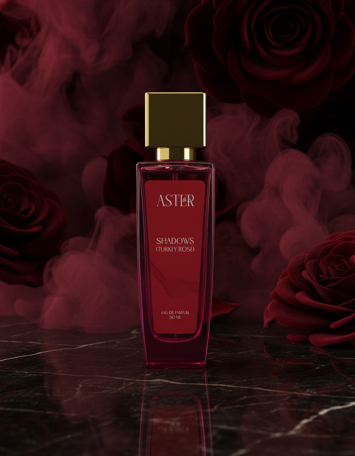 Red perfume bottle with gold cap on a dark background with roses