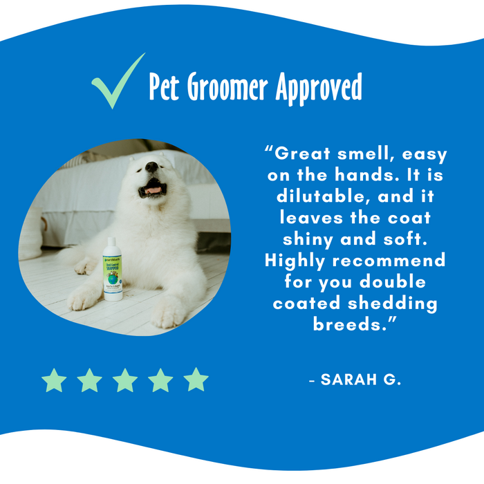 Testimonial of Shed Control Conditioner next to a pic of a happy dog
