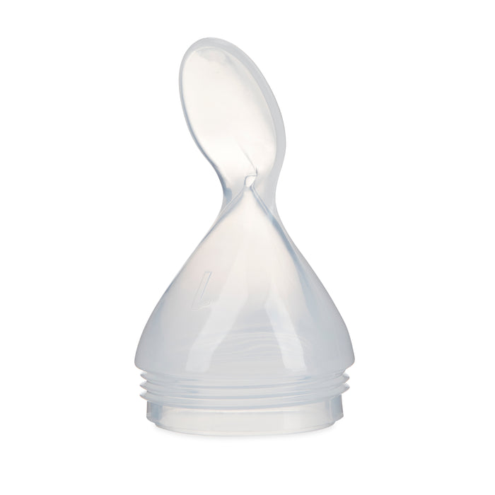 The Nuby Silicone Squeeze Feeder with Cover features a transparent, flexible silicone flange with a wide base and curved neck for comfort—ideal for use with your favorite silicone bottles or baby food feeder accessories.