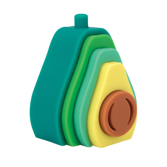 The Silicone Stacking Avocado Toy includes four stackable avocado slice pieces in green and yellow with a brown center pit, designed to boost hand-eye coordination and support cognitive development.